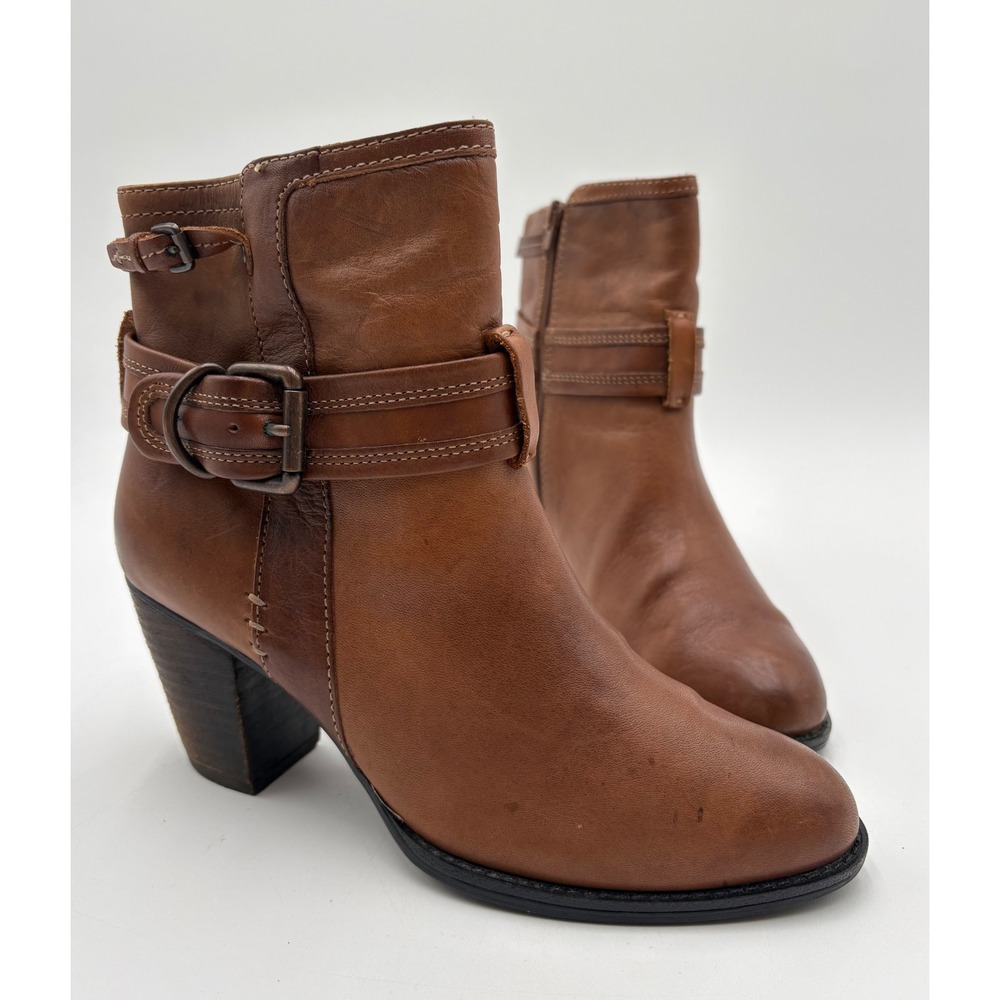 Sofft Womens Brown Leather Buckle Ankle Boots Block Heel Side Zip Booties Size 6 - Picture 1 of 15